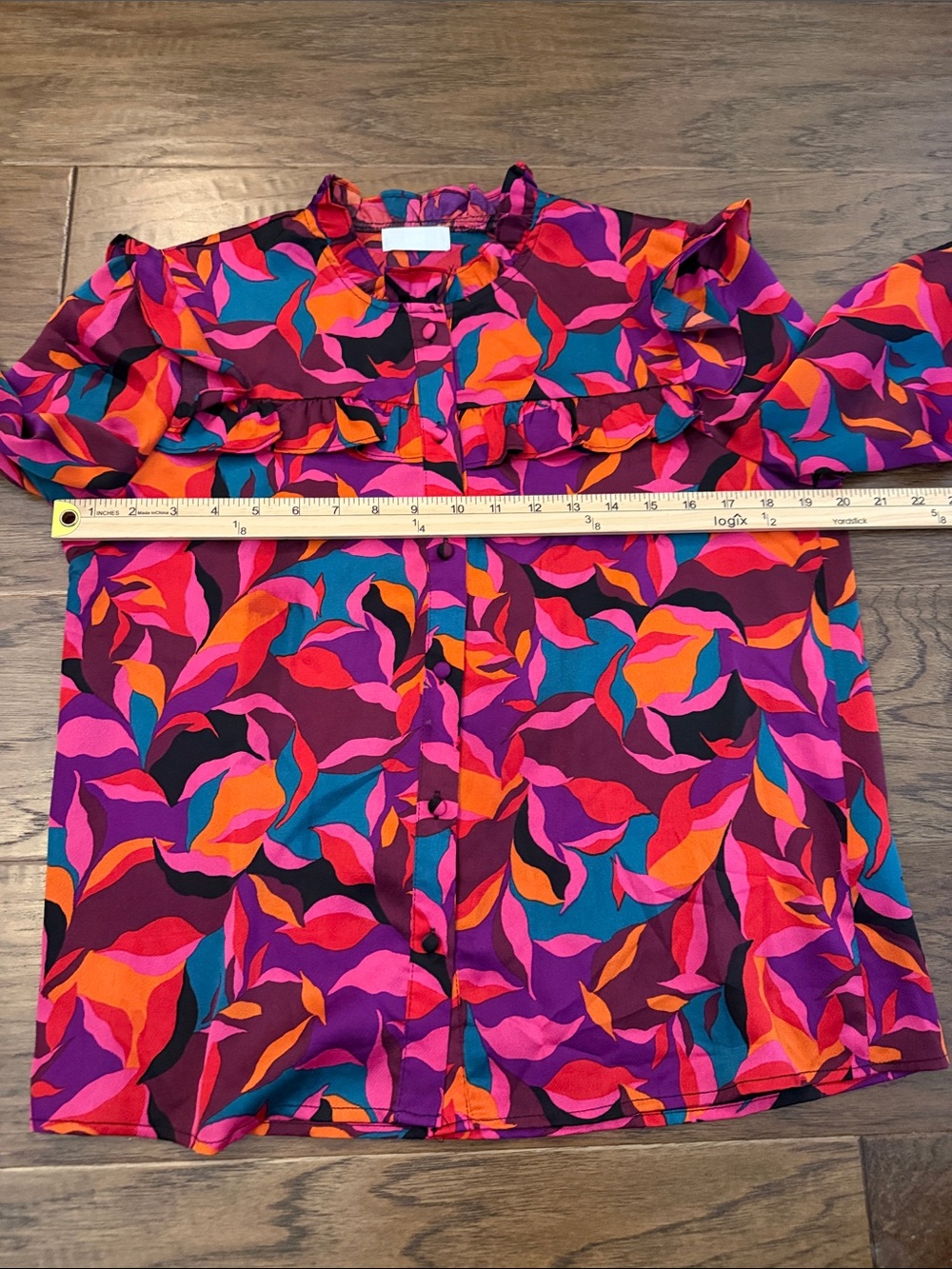 Q2 Colorblock Ruffle Top in Pink, Purple, Orange, Teal-S - Picture 6 of 9